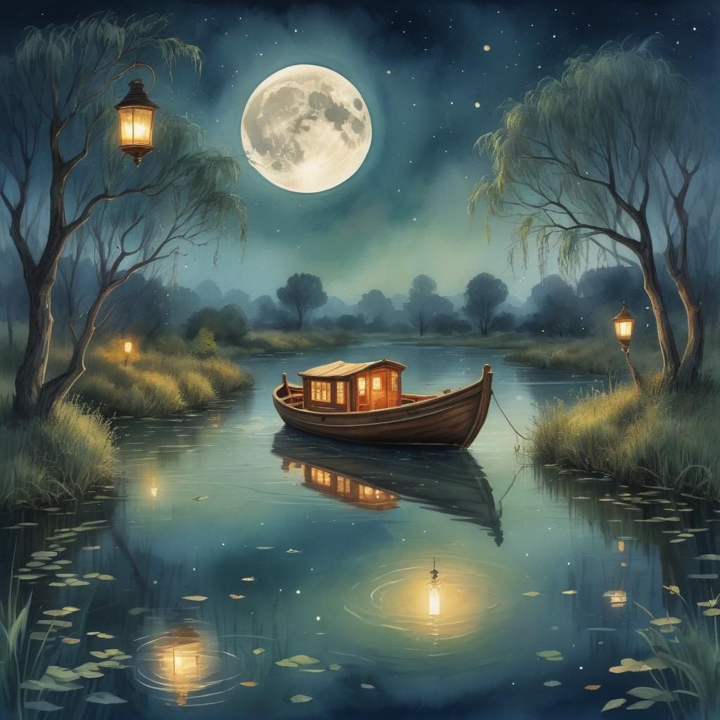 Elegant Fantasy Boat on River with Willows in Watercolor