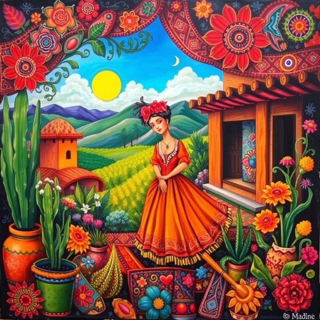 Colorful Mexican Scene in Muralist Style