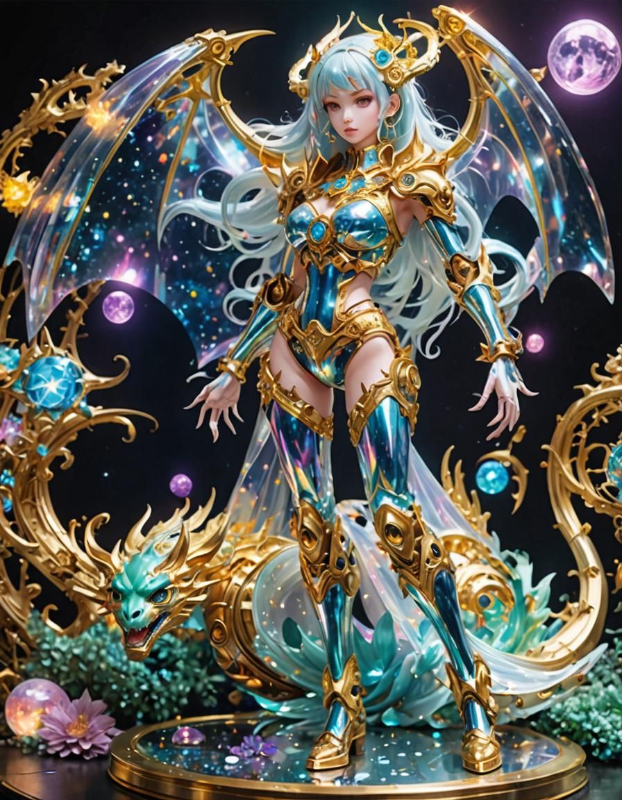 Rainbow Dragon Girl with Robot Skeleton in Anime Style