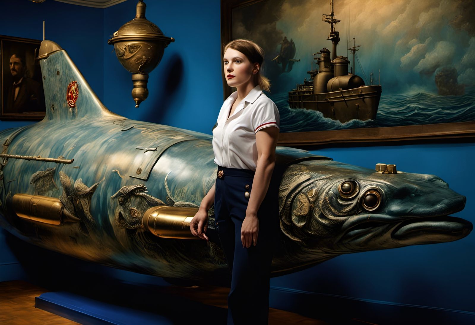 Ornate Tattooed Sailor and Submarine in Ethereal Style