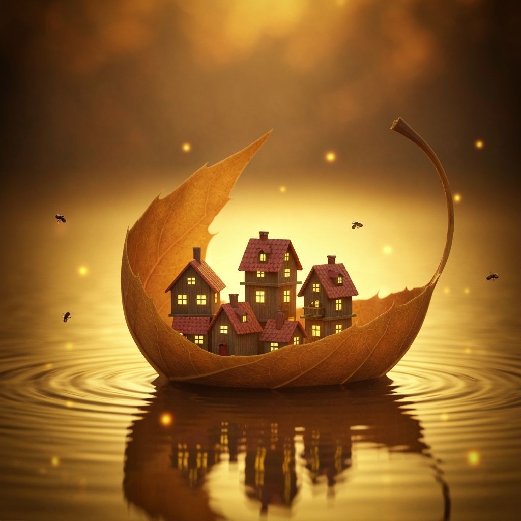 Miniature Village in Autumn Leaf Boat on Golden Pond