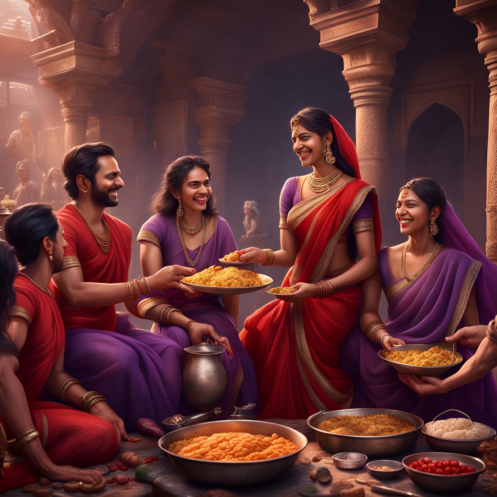 Happy Indian Family Lunch in Ancient Times