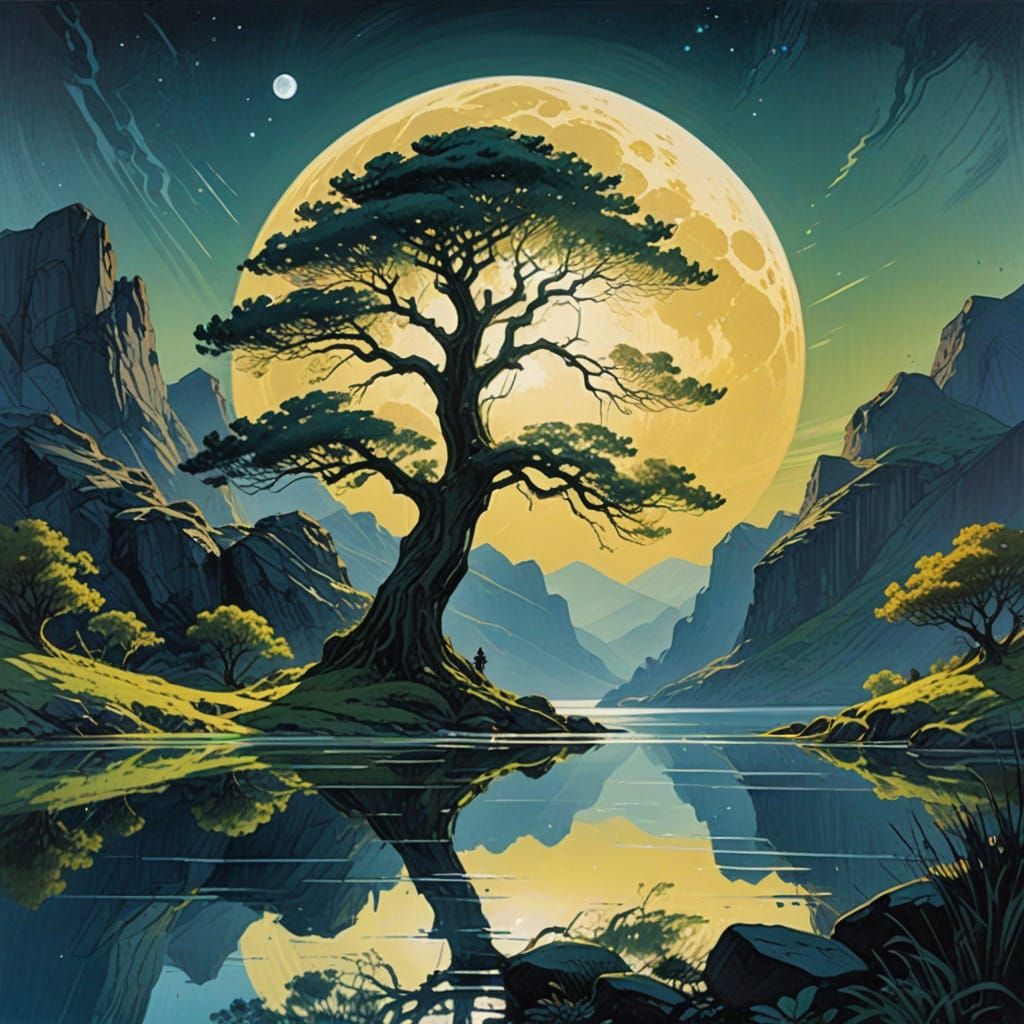 Moonlit Tree Silhouette in a Dreamy Landscape