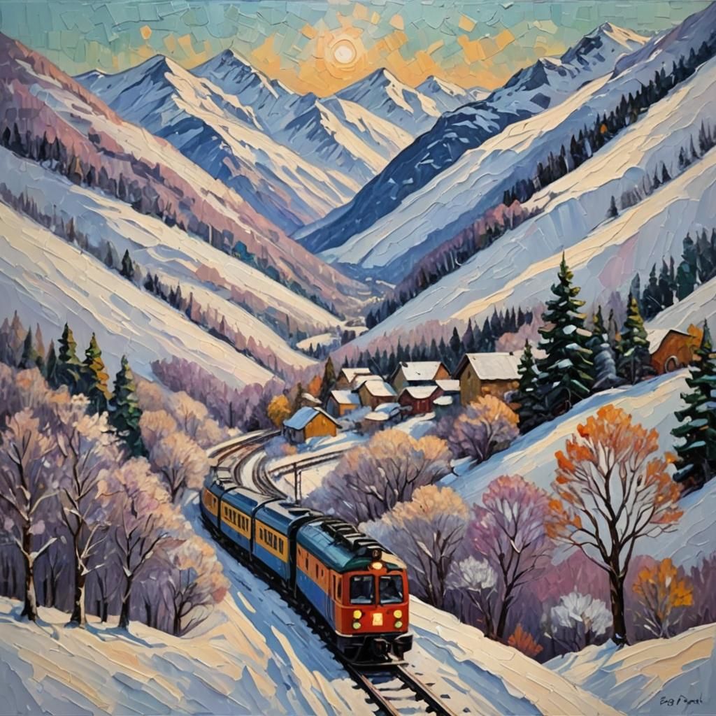 Snow Train in Mountains: Expressionist Oil Painting