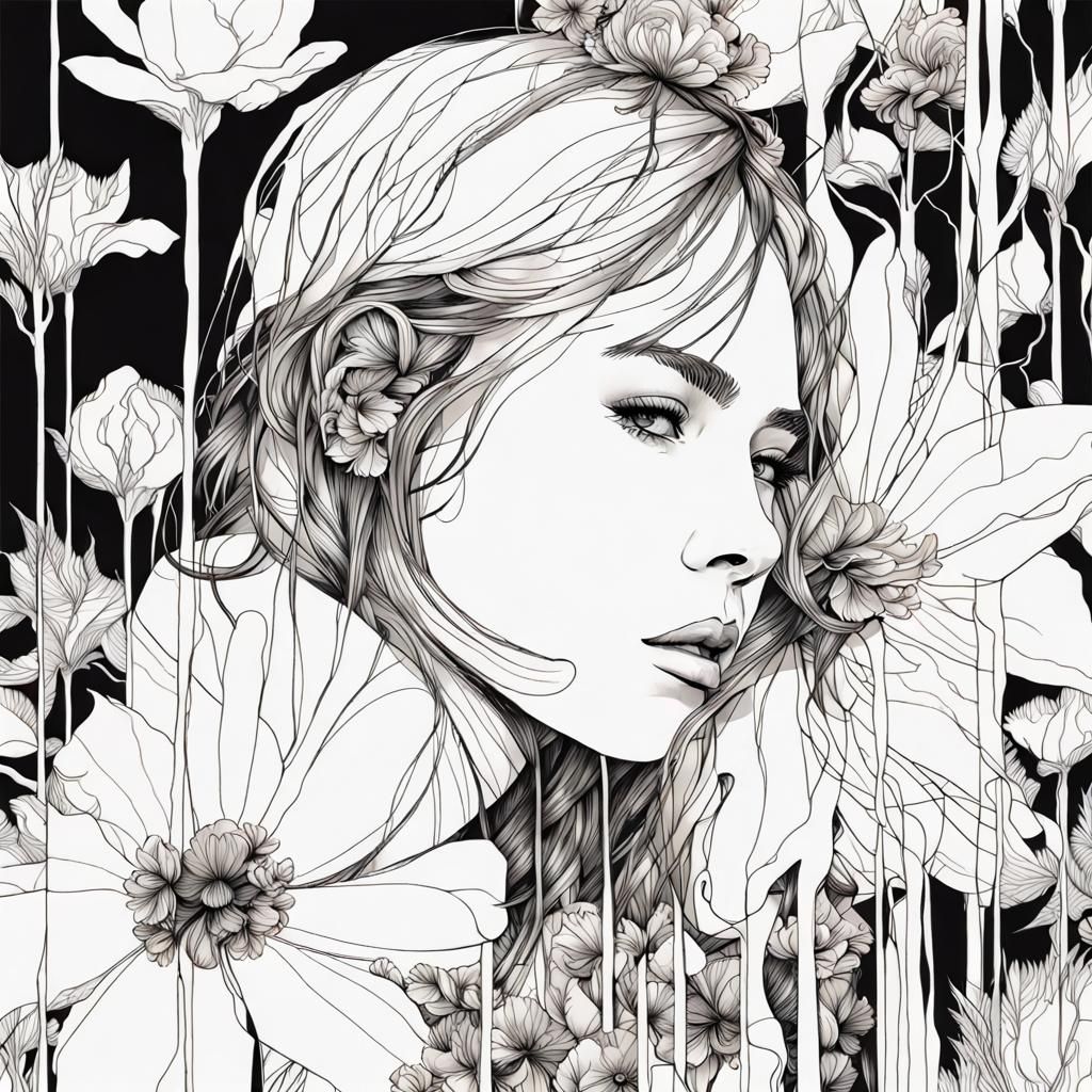 Monochrome Line Art Girl in Floral Dreamscape