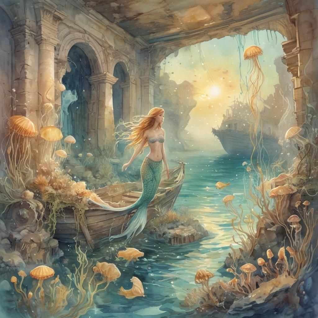 ocean fantasy FANTASTICAL SURREAL magical landscape watercolor sketch blue WATERCOLOR SKETCH