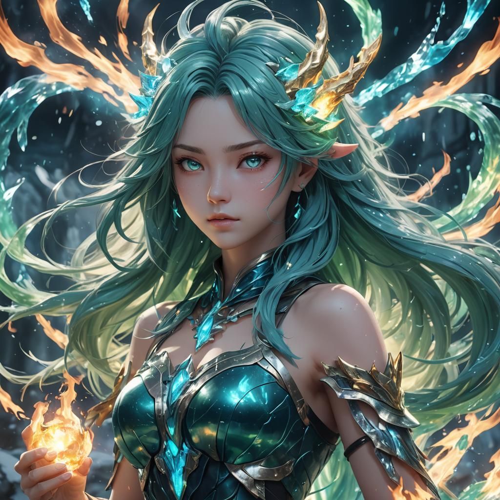 Mythical Creature in Fire and Ice Aura: 3D Anime Art