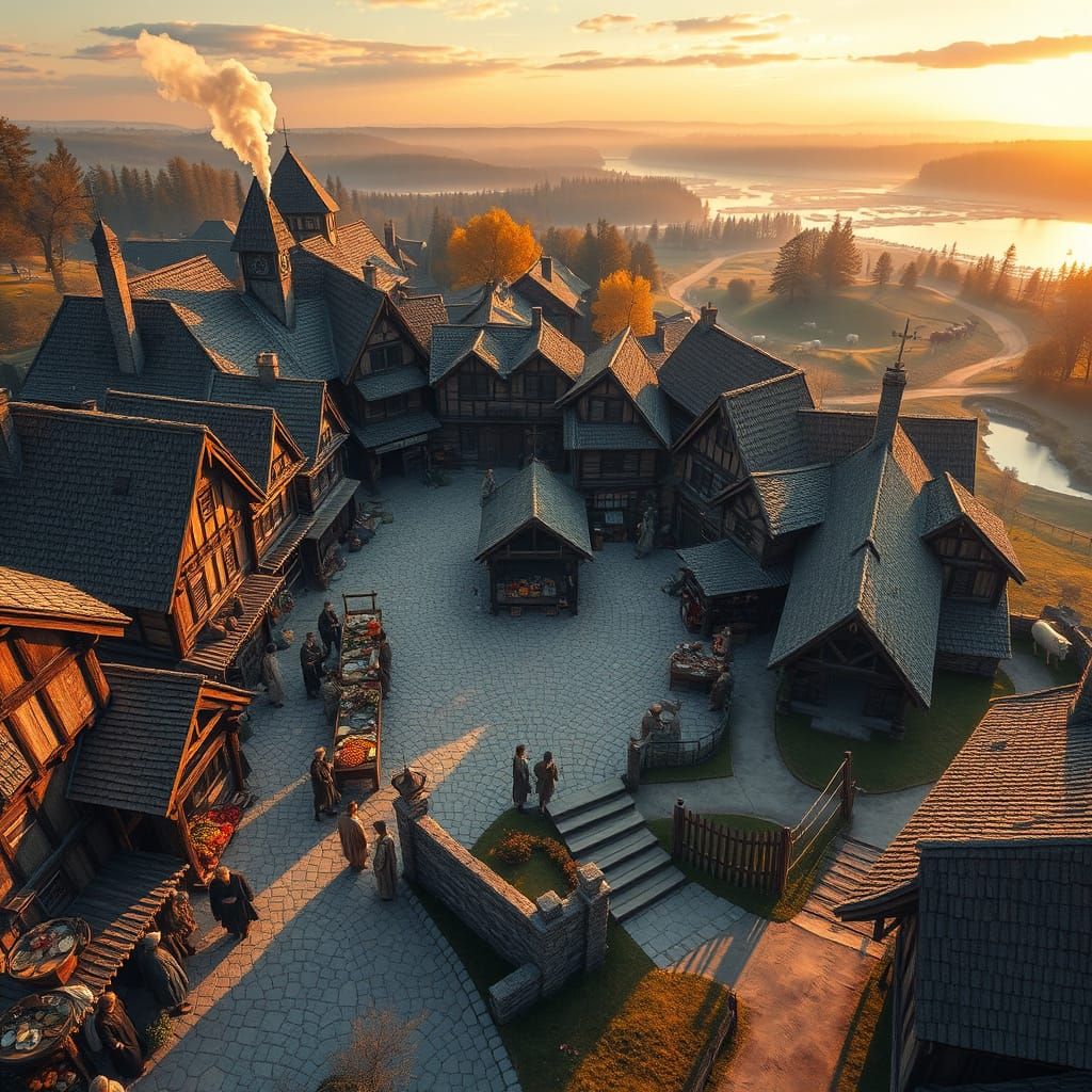 Hyper-Realistic Medieval Village at Golden Hour Sunset