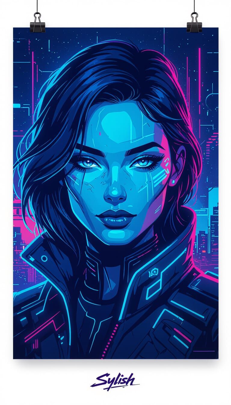 Electric Blue and Pink Neon Cyberpunk Mural