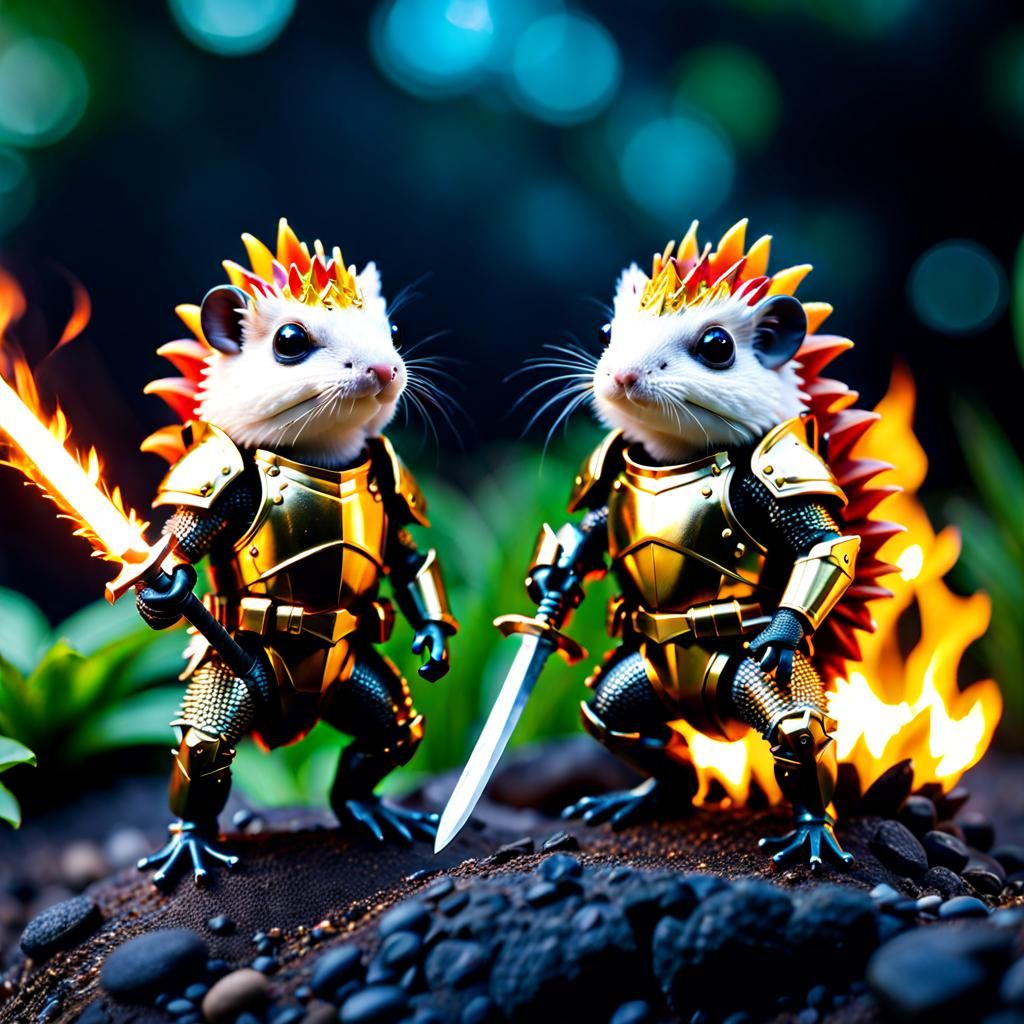 Adorable Furry Creatures in Armor with Flaming Swords
