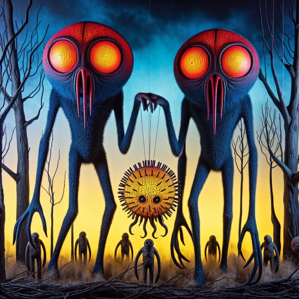 Blue Fur Beings in Barren Twilight Woodland