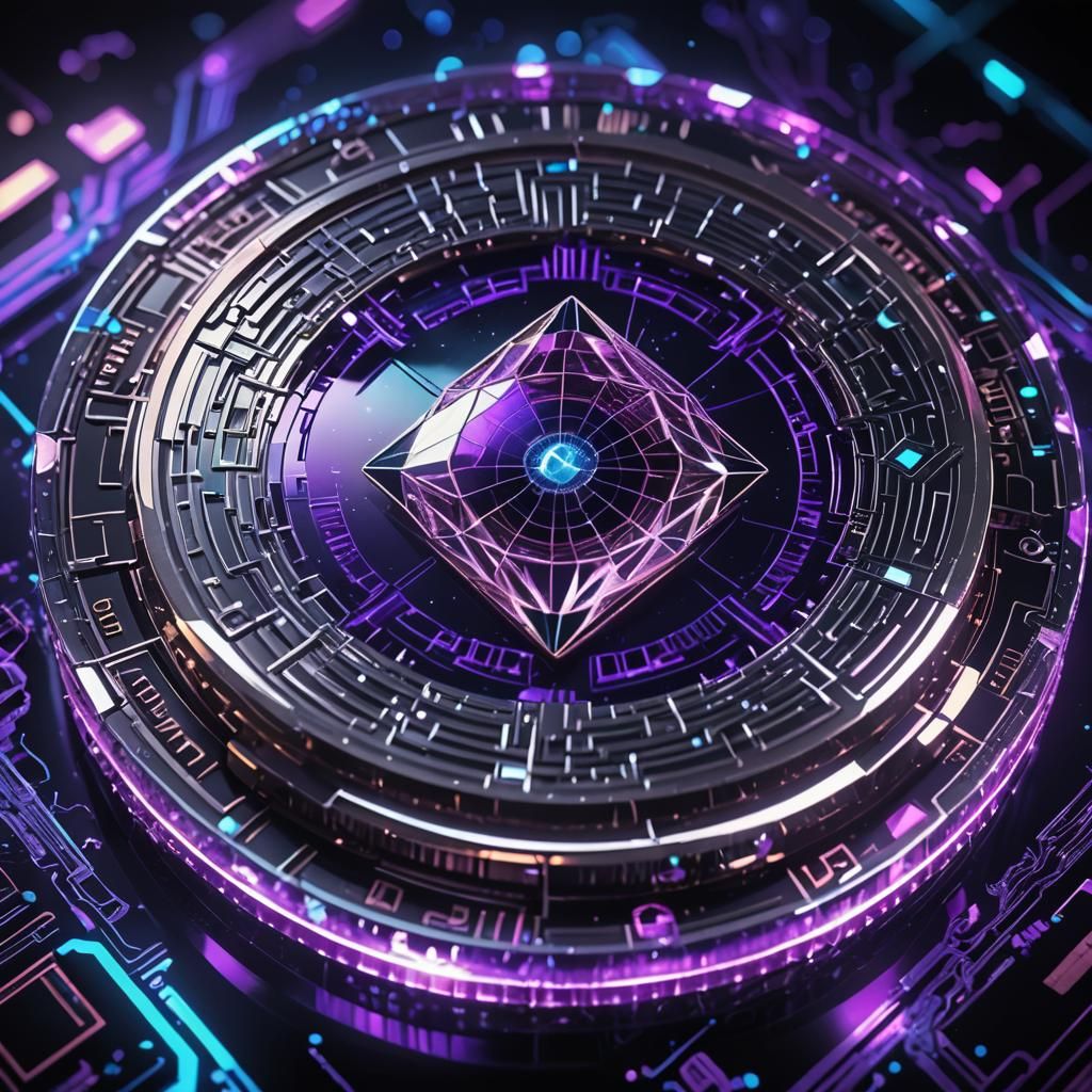 Diamond Qtcoin Levitating in a Neon Sci-Fi Scene