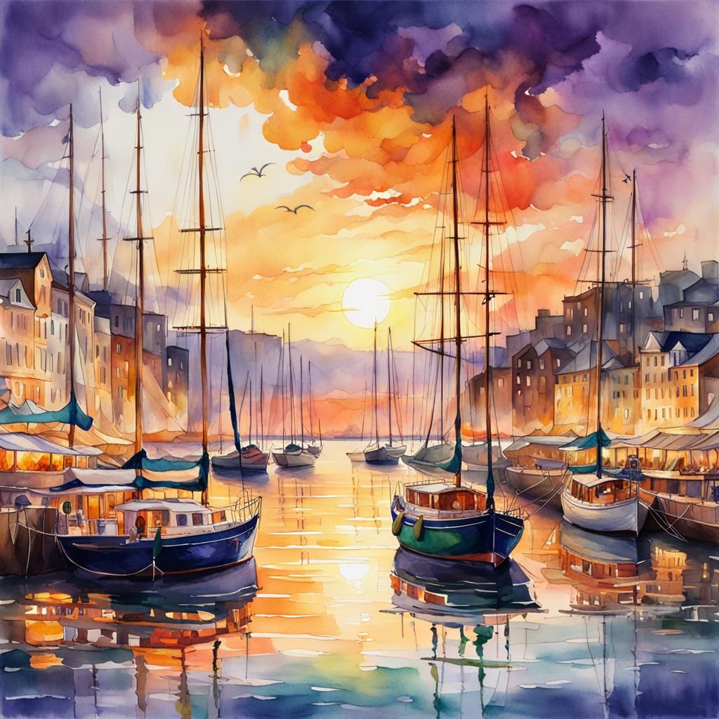 Dreamlike Watercolor Harbor at Sunset