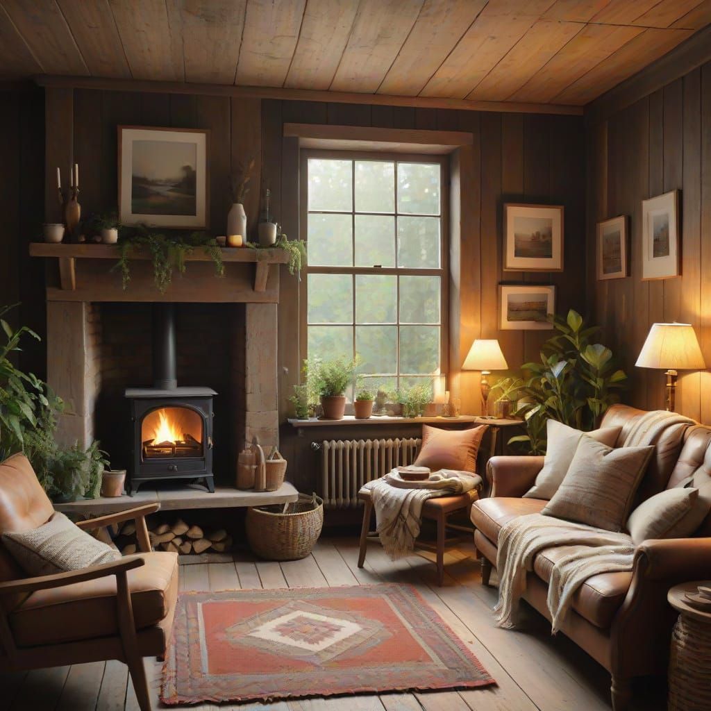 Cozy Country House Interior with Soft Light and Plants