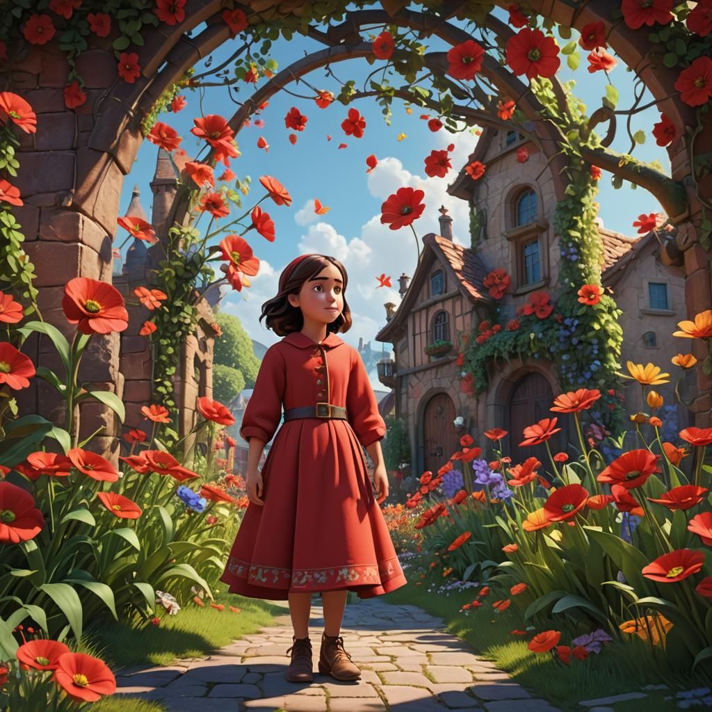 Girl Painting in Floral Greenhouse: 3D Digital Art