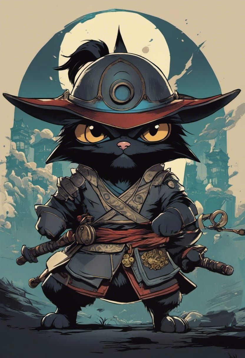 Grumpy Samurai Cat in Inkpunk Cel-Shading