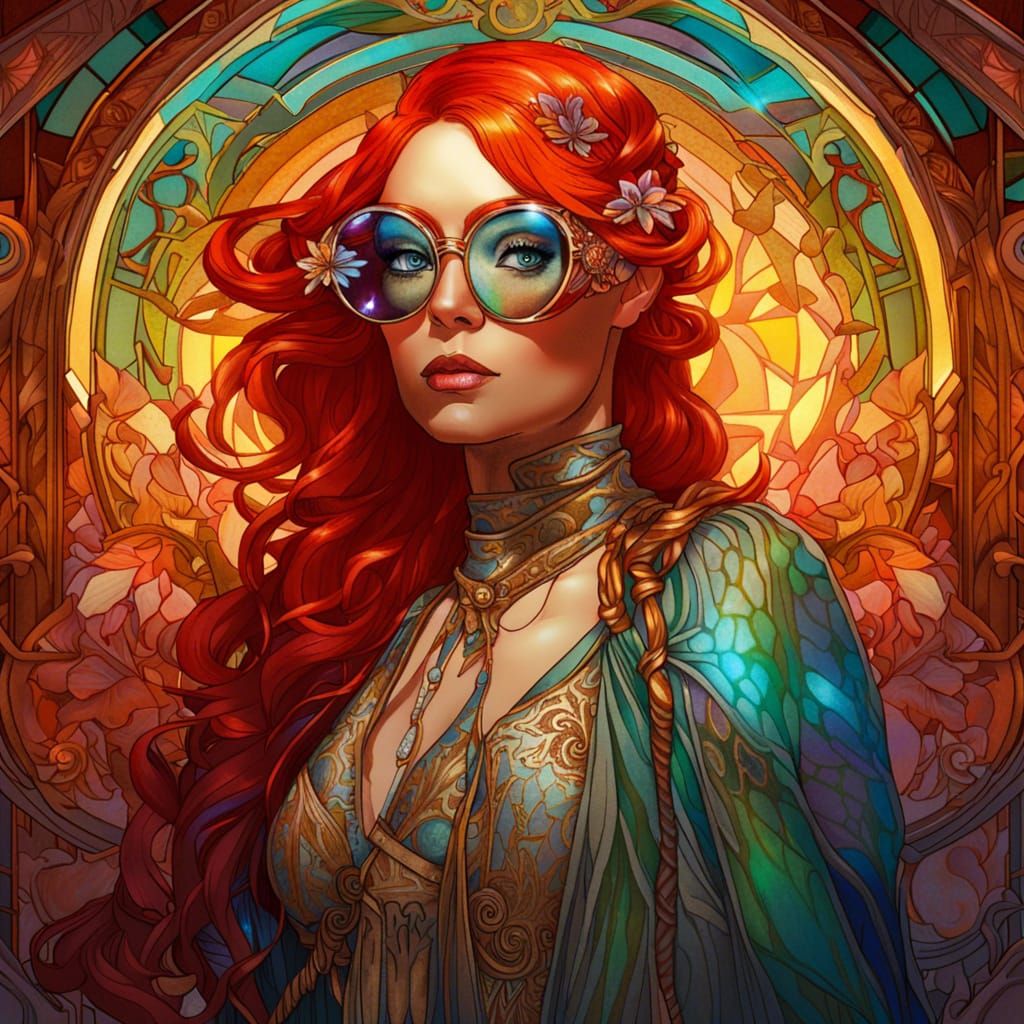 Fantasy Redhead in Gown with Mirrored Glasses