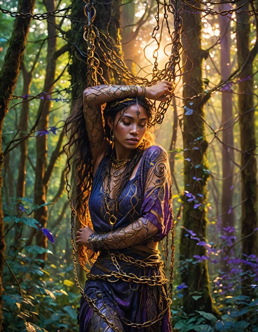 Ethereal Chains: Woman in Mystical Forest