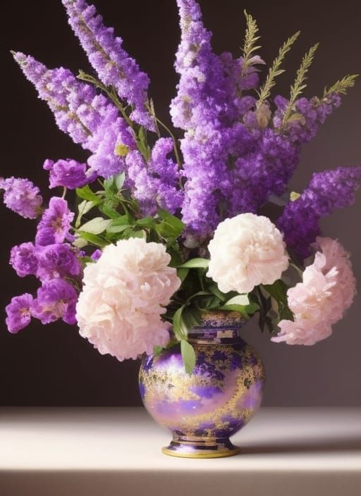 Lavender Flowers in Cloisonne Vase, Surreal Digital Art