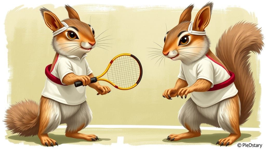 Squirrels Play Tennis in Children's Book Style