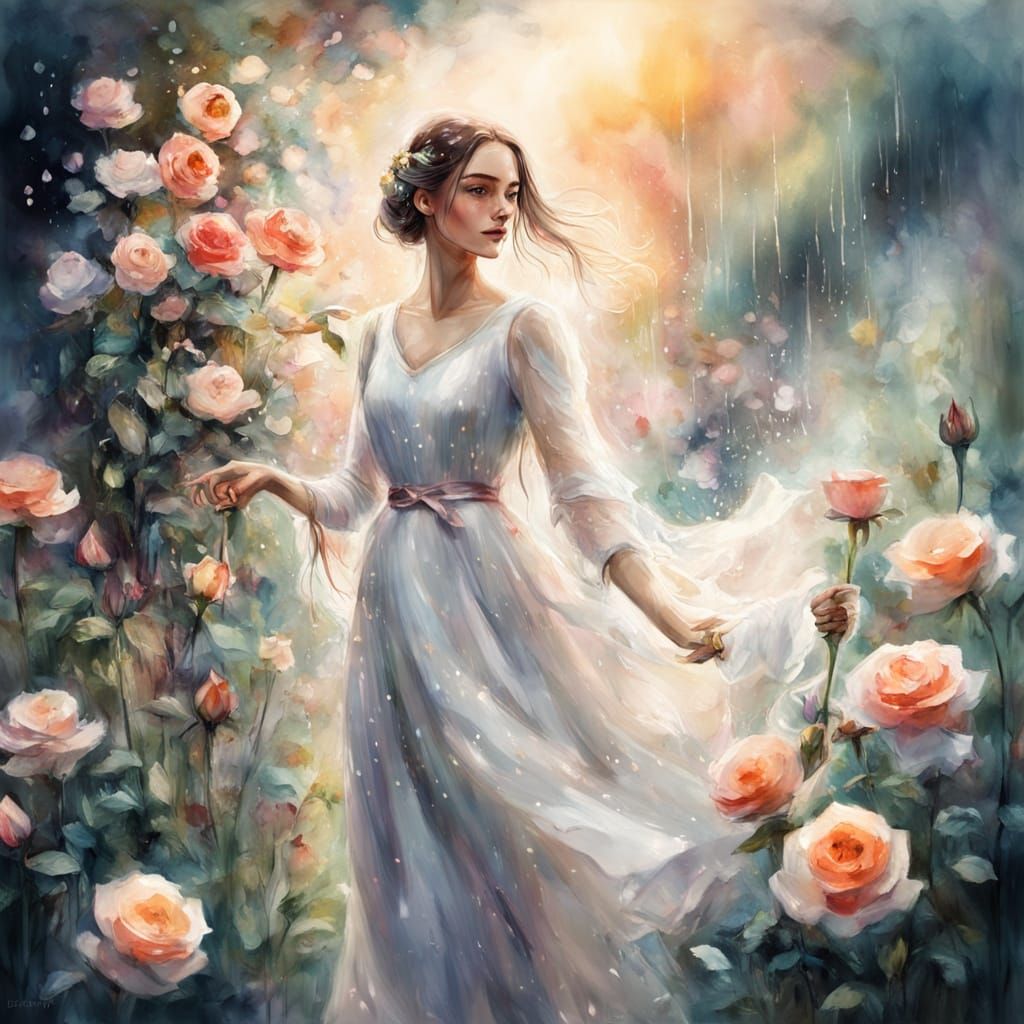 Woman in Ethereal Garden, Soft Focus Impressionist Painting