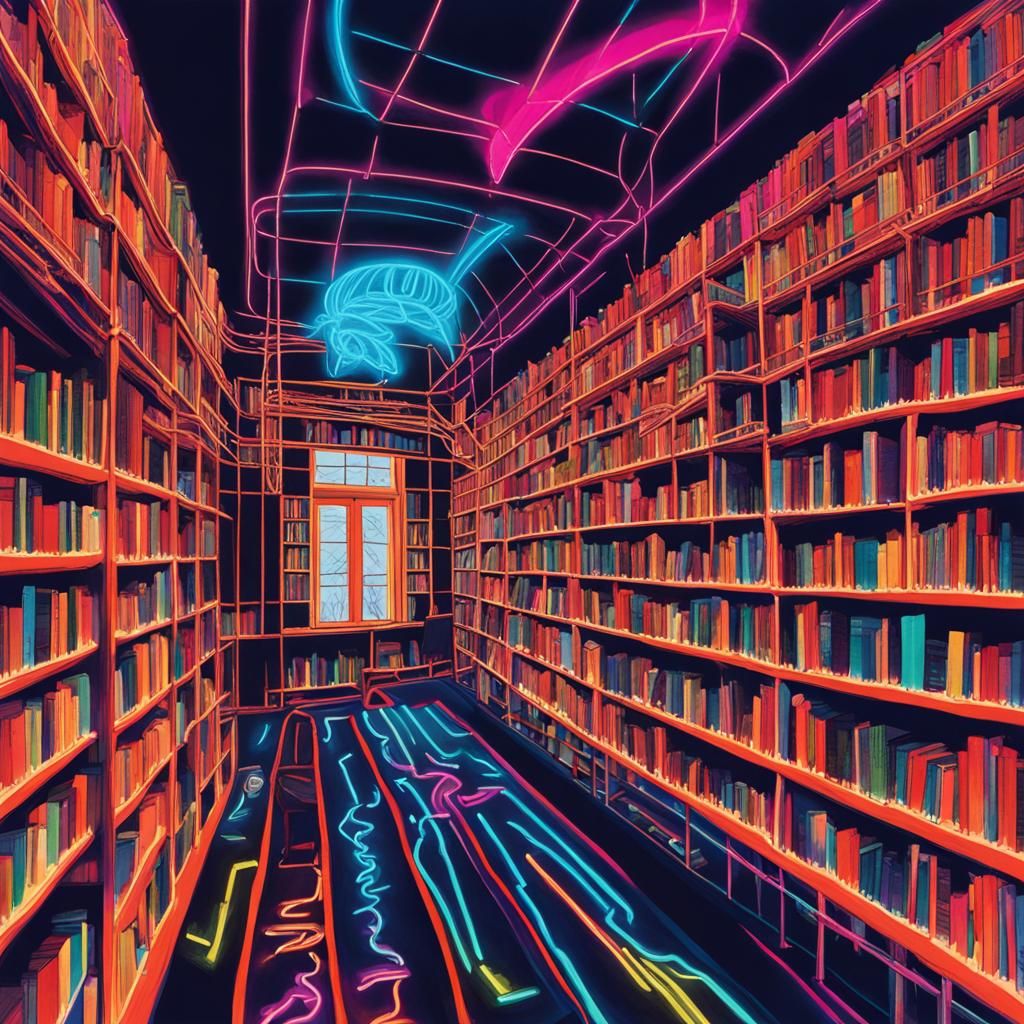 Neon Art Nouveau Women in Library