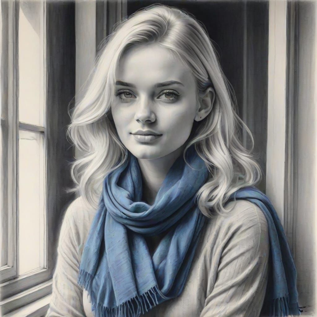 Girl in Charcoal Drawing with Blue Scarf and Window View