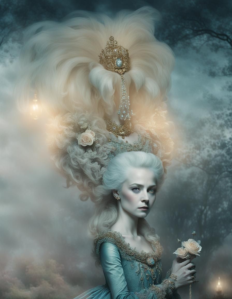 Marie Antoinette in Misty, Moonlit Garden