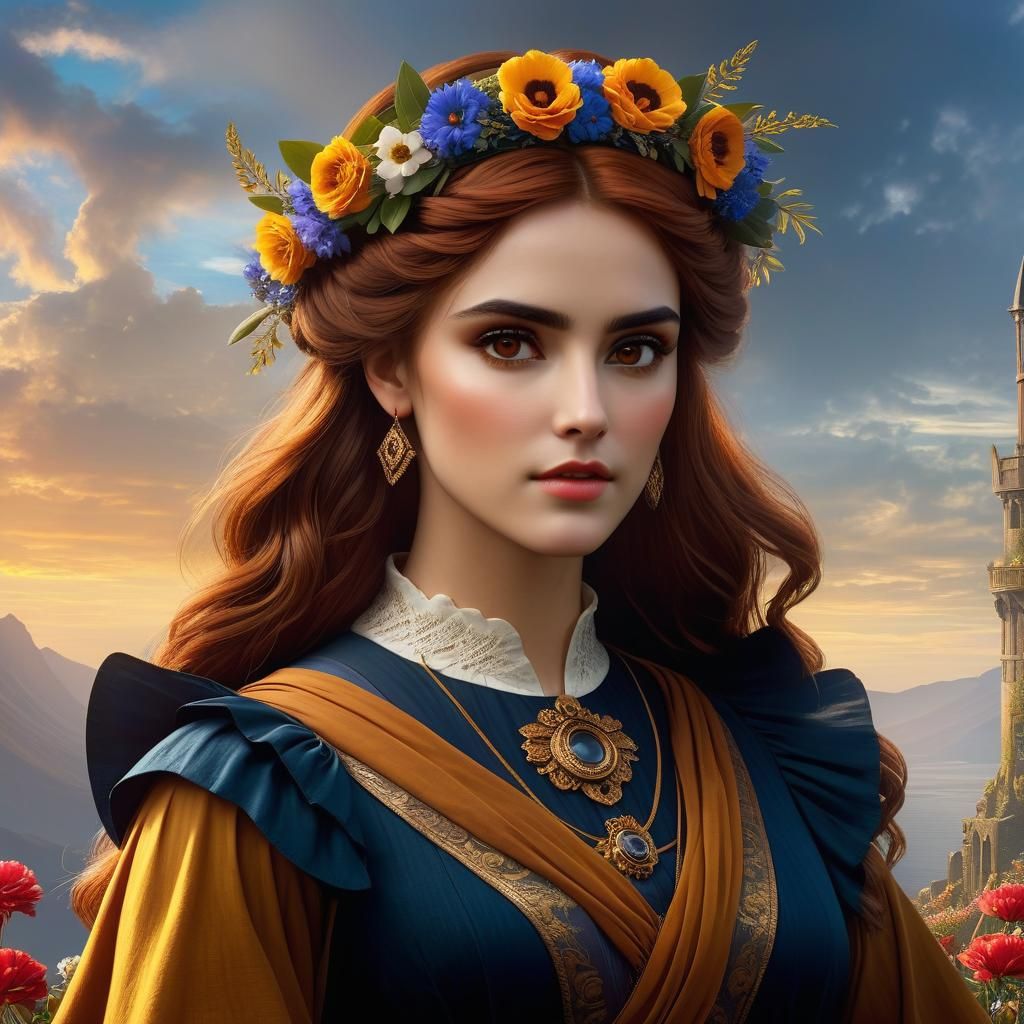 Stoic Girl with Floral Crown in Watercolour Style