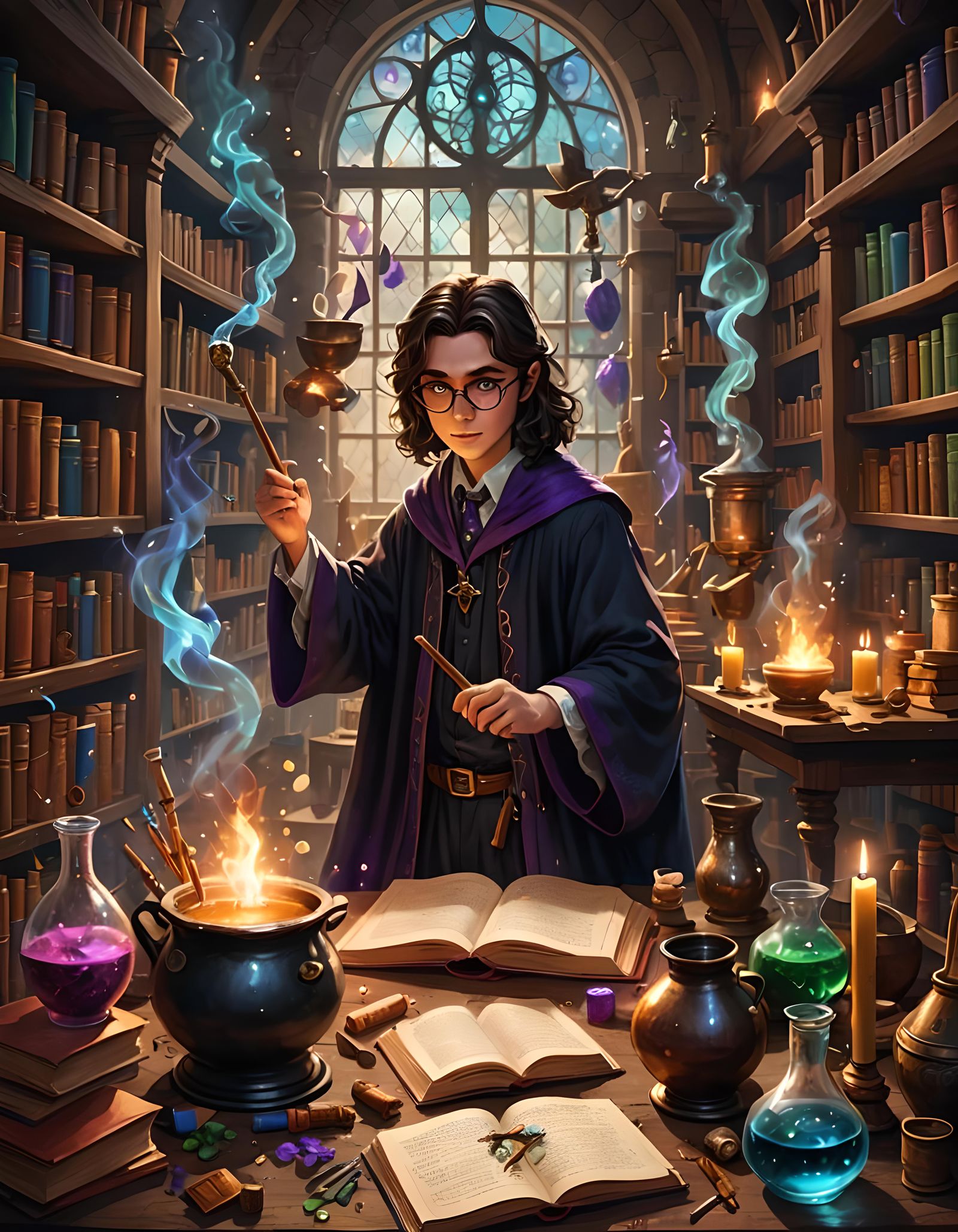 Magical Library Scene with Young Wizard