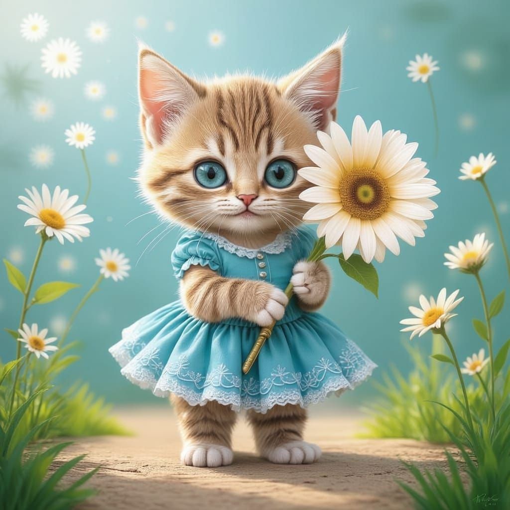 Playful Kitten Humanoid in Teal Skirt with Sapphire Eyes