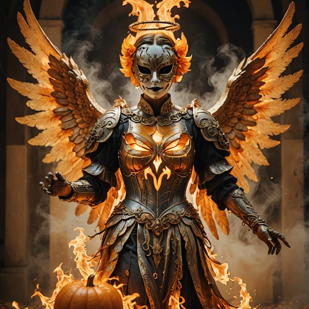 Halloween Angel with Flaming Wings and Pumpkin Mask