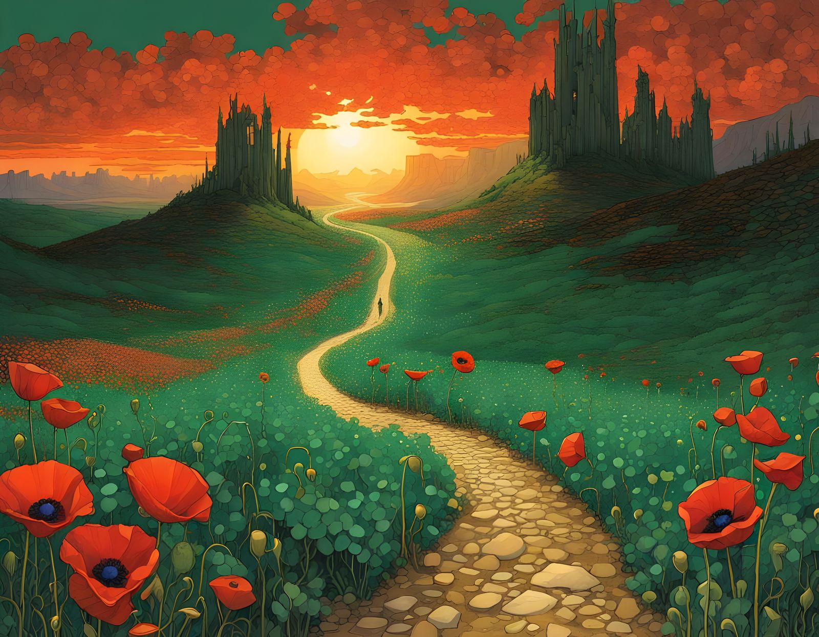 Emerald Cityscape in Whimsical Watercolor Style