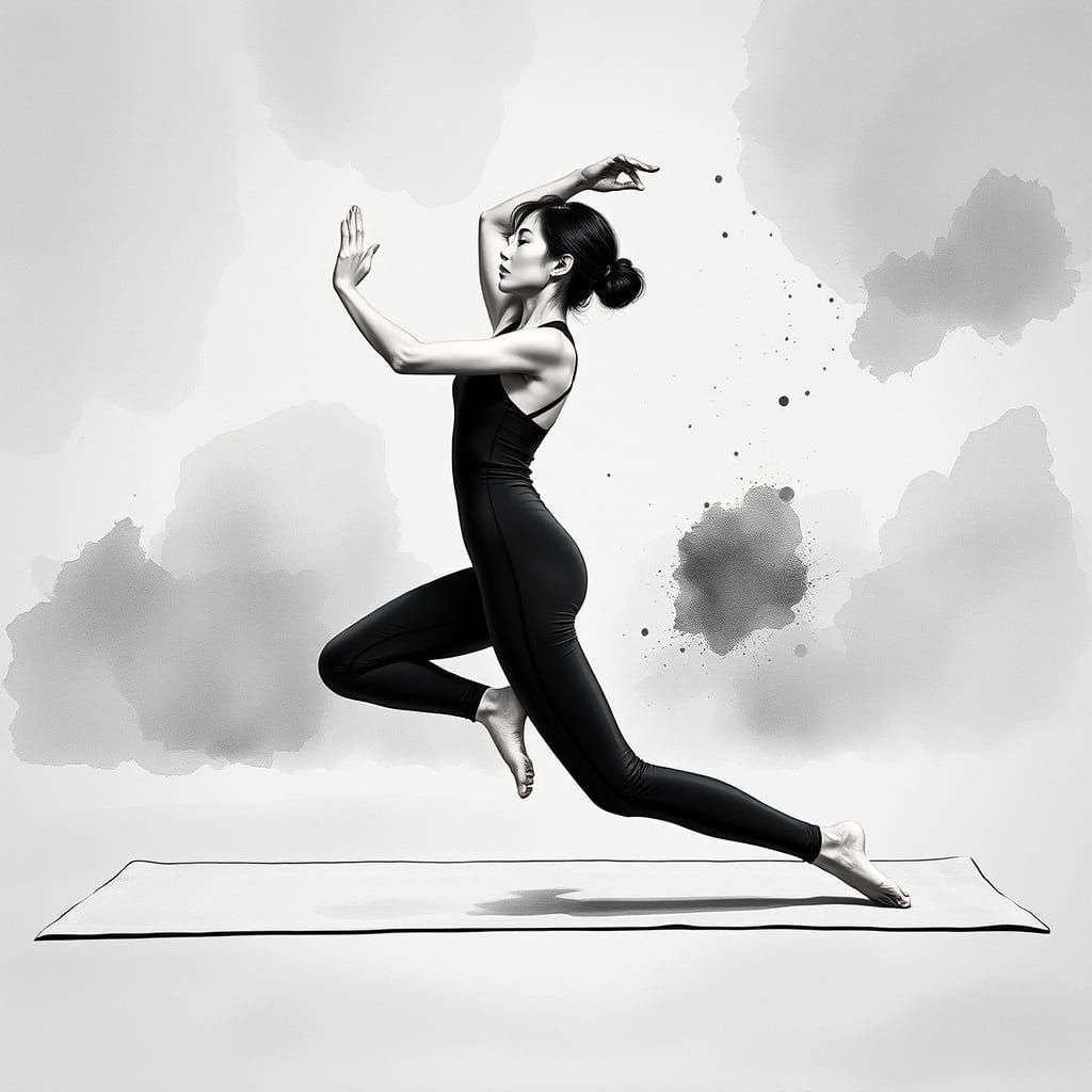 Japanese Woman in Yoga Pose Against Muted Greyscale Watercol...