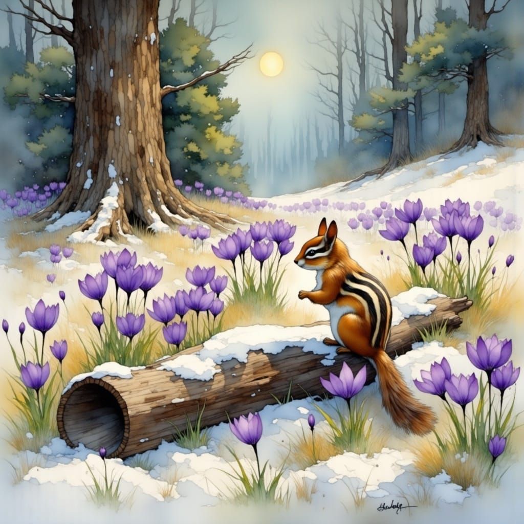 Winter Wonderland with Blooming Crocus and Chipmunk