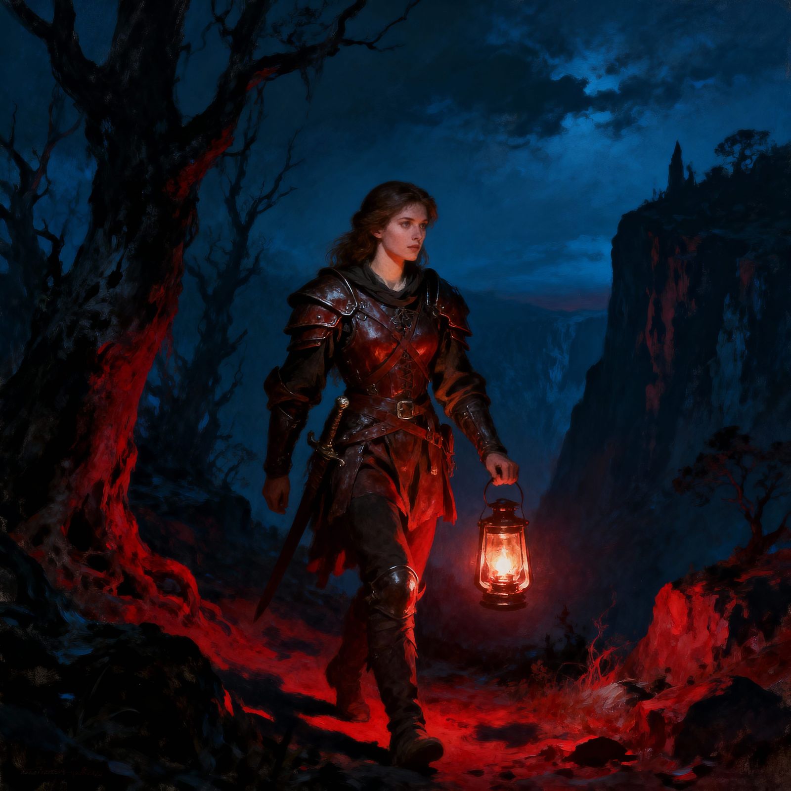 Adventurer With Lantern in Dark Landscape Painting