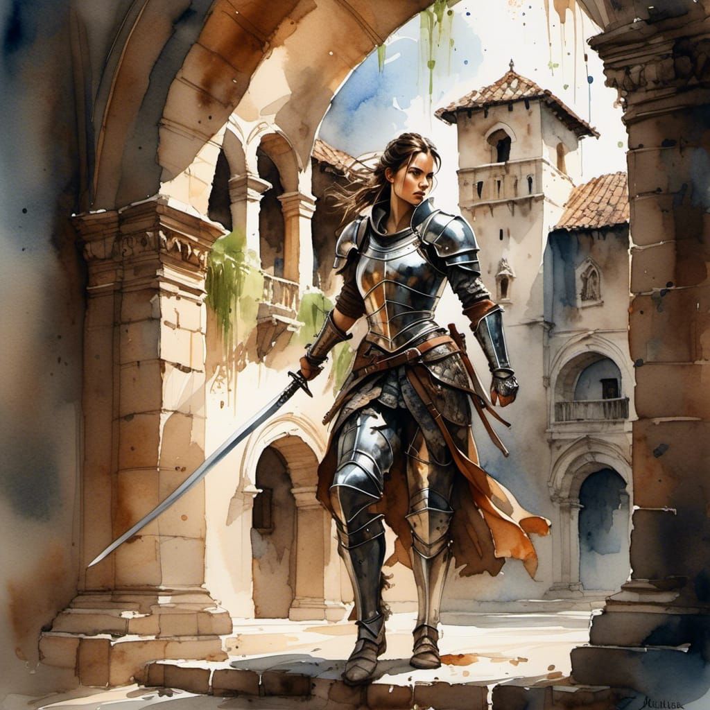 Brave Swordswoman Guarding Palazzo Entrance in Watercolor
