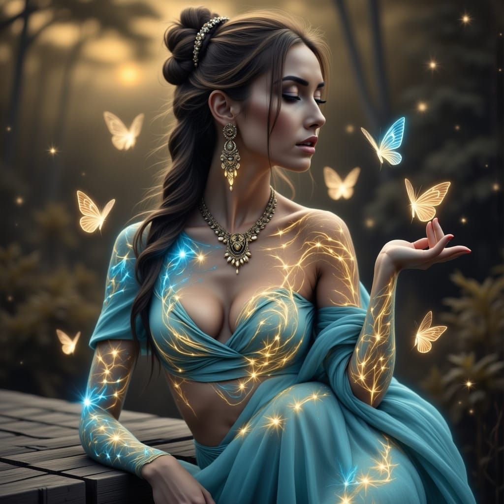 Woman with Glowing Tattoos in Art Nouveau Style