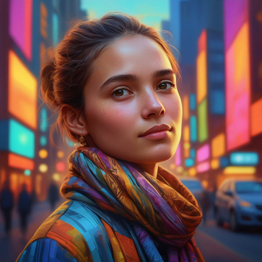 Determined Woman Contemplates Future in Vibrant, Gradient Ci...