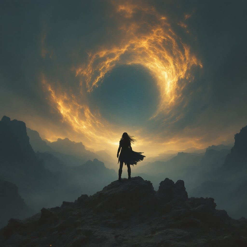 Victorious Woman in Boots Amidst Dramatic Landscape