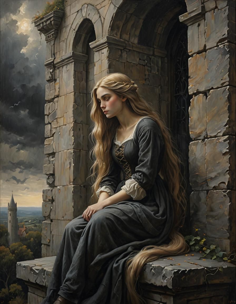 Rapunzel in Tower, Moody Oil Painting
