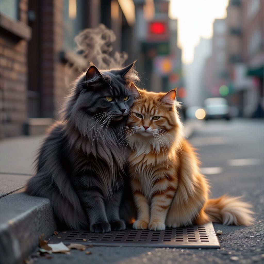 Street Cats Share a Tender Moment in Atmospheric Lighting