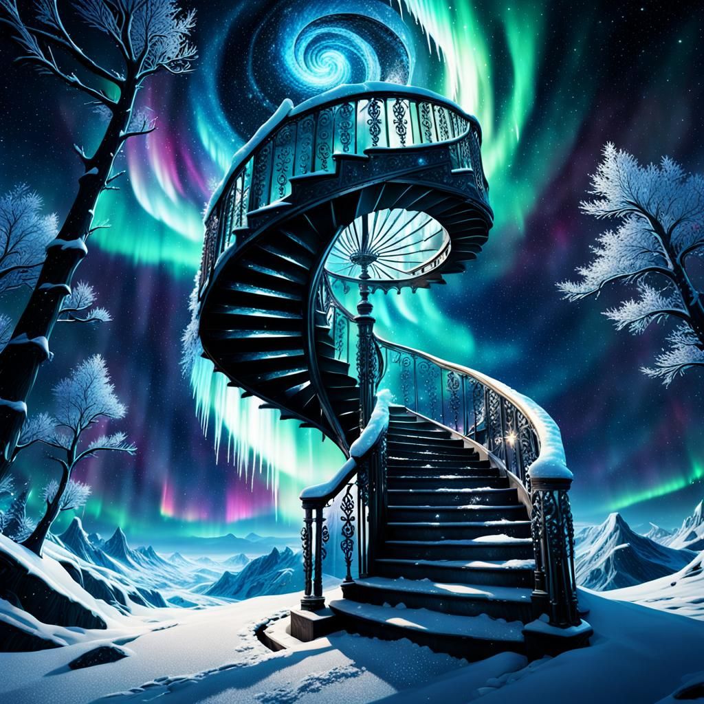 An icy spiral staircase leading into the sky, surrounded by ...