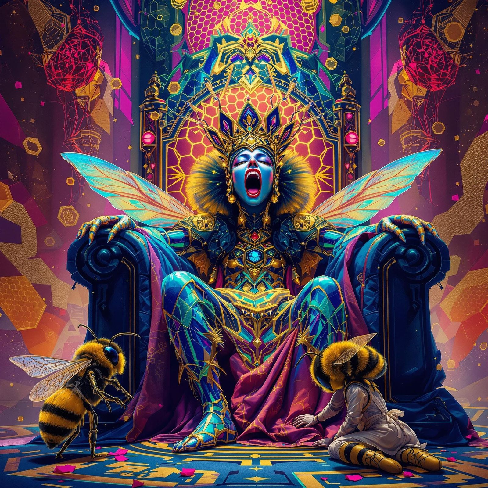 Queen Bumble Bee on Throne in Surreal Style