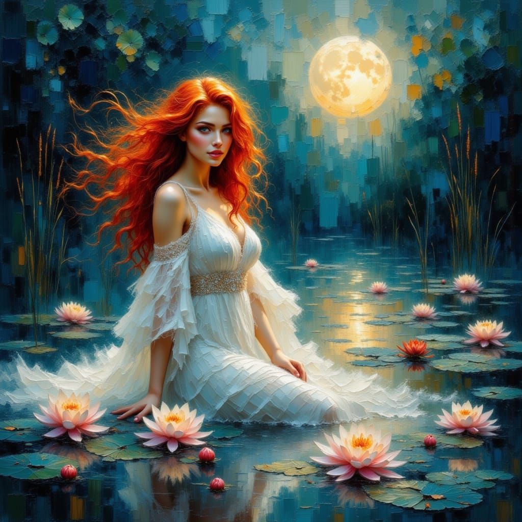 Red-Haired Woman in Pond: Intricate Oil Painting