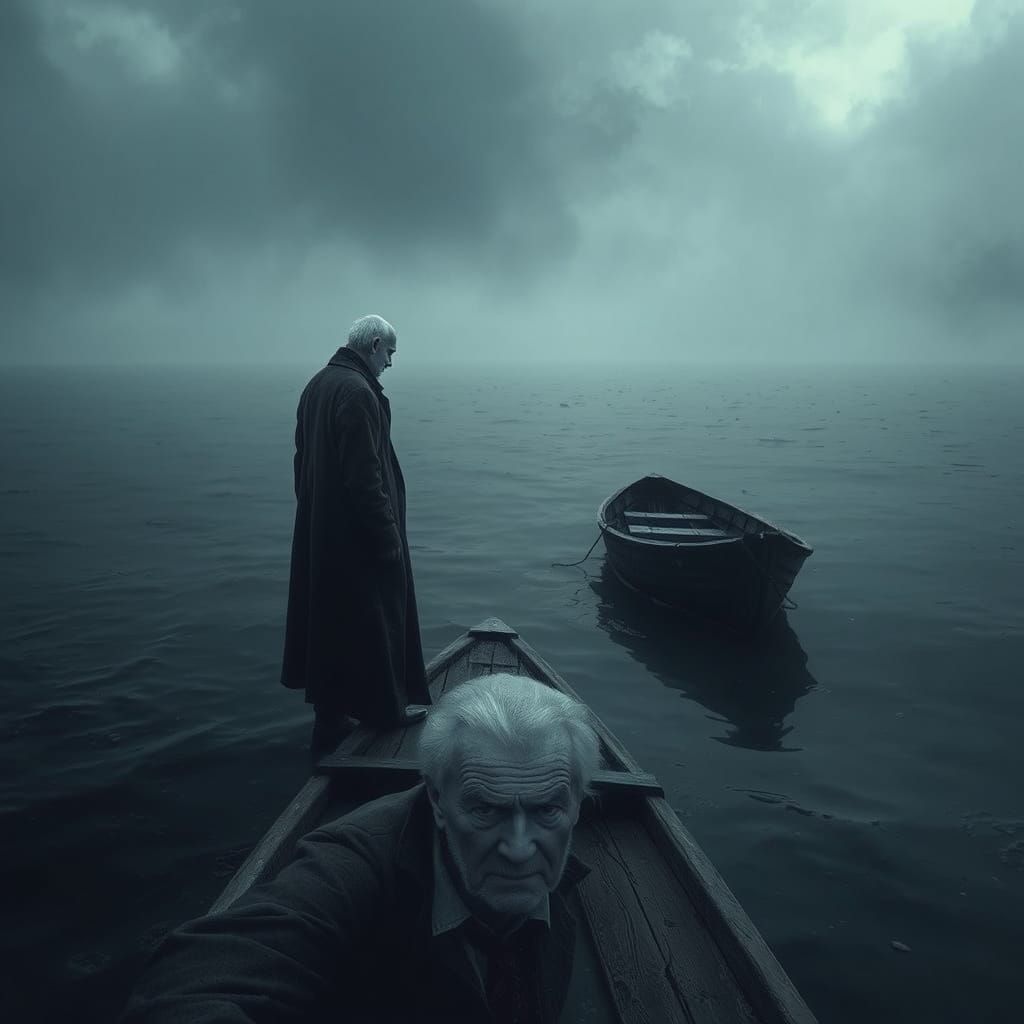 Eerie Figure at Water's Edge in Surreal Style