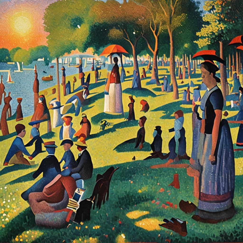 Pointillist Sunday Afternoon Oil Painting in Vivid Colors