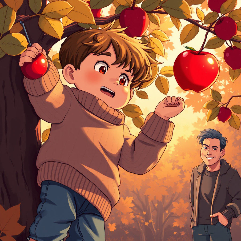 Boy Climbing Apple Tree in Autumn, Manga Illustration