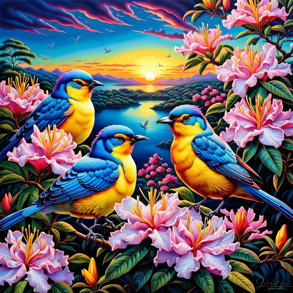 Brilliant Azalea Bush with Birds at Sunset