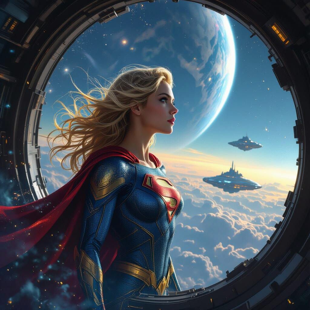 Cosmic Supergirl Viewing Planet OA from Spaceship